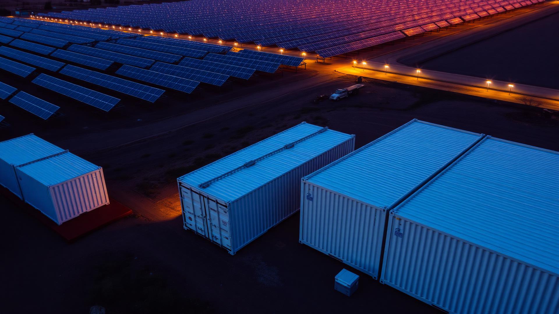 Batteriespeicher-Container neben einer Solaranlage in der Abenddämmerung